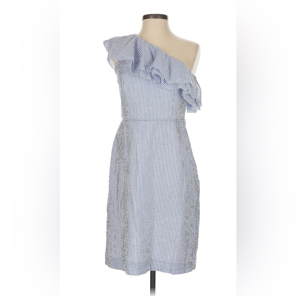 J. Crew One Shoulder Ruffle Dress in Blue and White Seersucker